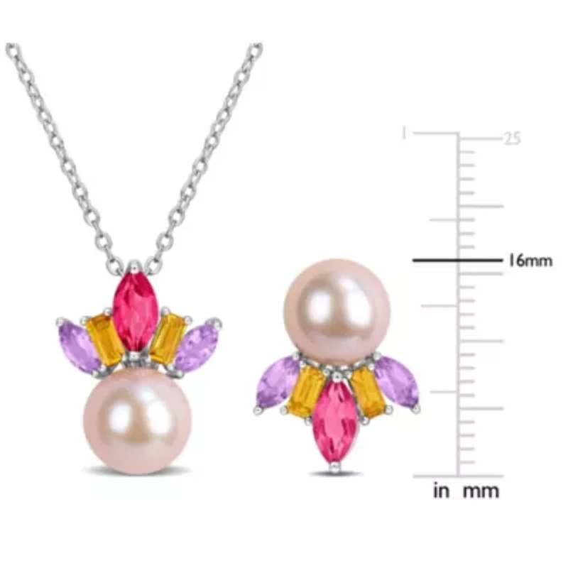 2-Piece Set of 7.5-8.5mm Pink Freshwater Cultured Pearl & Multi-Gem Earrings & Pendant with Chain in Sterling Silver - 17 in