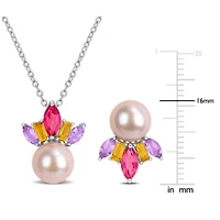 2-Piece Set of 7.5-8.5mm Pink Freshwater Cultured Pearl & Multi-Gem Earrings & Pendant with Chain in Sterling Silver - 17 in