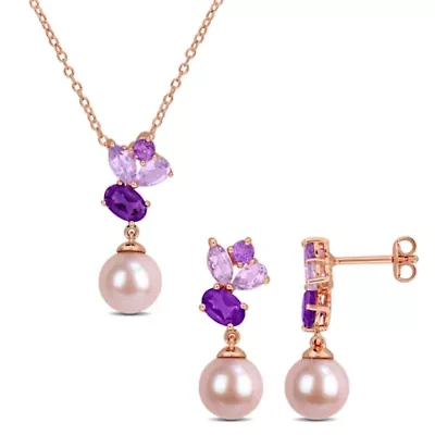 2-Piece Set of 8-8.5mm Pink Freshwater Cultured Pearl & African Amethyst, Rose de France Earrings & Pendant with Chain in Sterling Silver - 17 in
