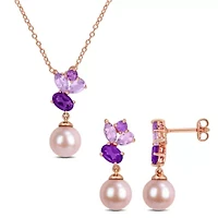 2-Piece Set of 8-8.5mm Pink Freshwater Cultured Pearl & African Amethyst, Rose de France Earrings & Pendant with Chain in Sterling Silver - 17 in