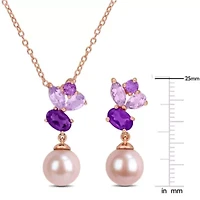 2-Piece Set of 8-8.5mm Pink Freshwater Cultured Pearl & African Amethyst, Rose de France Earrings & Pendant with Chain in Sterling Silver - 17 in