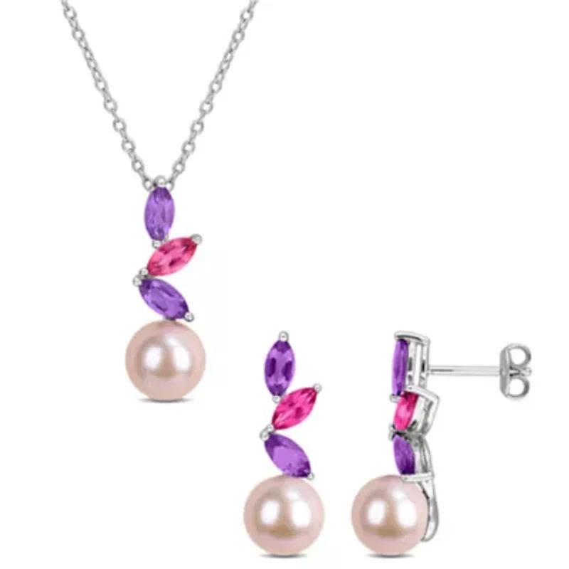 2-Piece Set of 8-8.5mm Pink Freshwater Cultured Pearl, African Amethyst & Pink Topaz Earrings & Pendant with Chain in Sterling Silver - 17 in