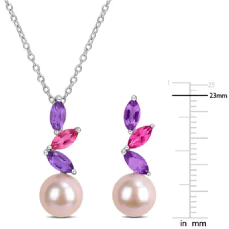 2-Piece Set of 8-8.5mm Pink Freshwater Cultured Pearl, African Amethyst & Pink Topaz Earrings & Pendant with Chain in Sterling Silver - 17 in