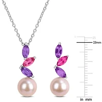 2-Piece Set of 8-8.5mm Pink Freshwater Cultured Pearl, African Amethyst & Pink Topaz Earrings & Pendant with Chain in Sterling Silver - 17 in