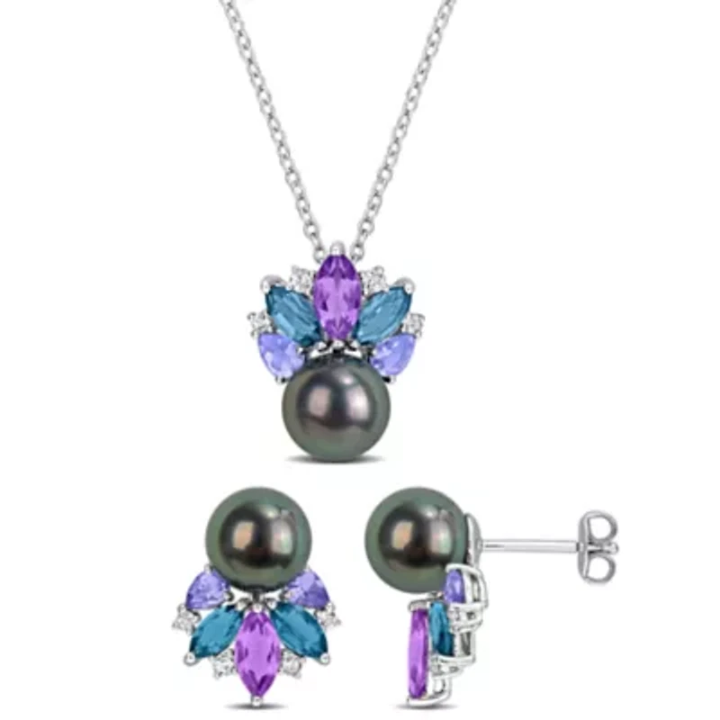 2-Piece Set of 8-8.5mm Cultured Tahitian Pearl & Multi-Gem Earrings & Pendant with Chain in Sterling Silver - 17 in