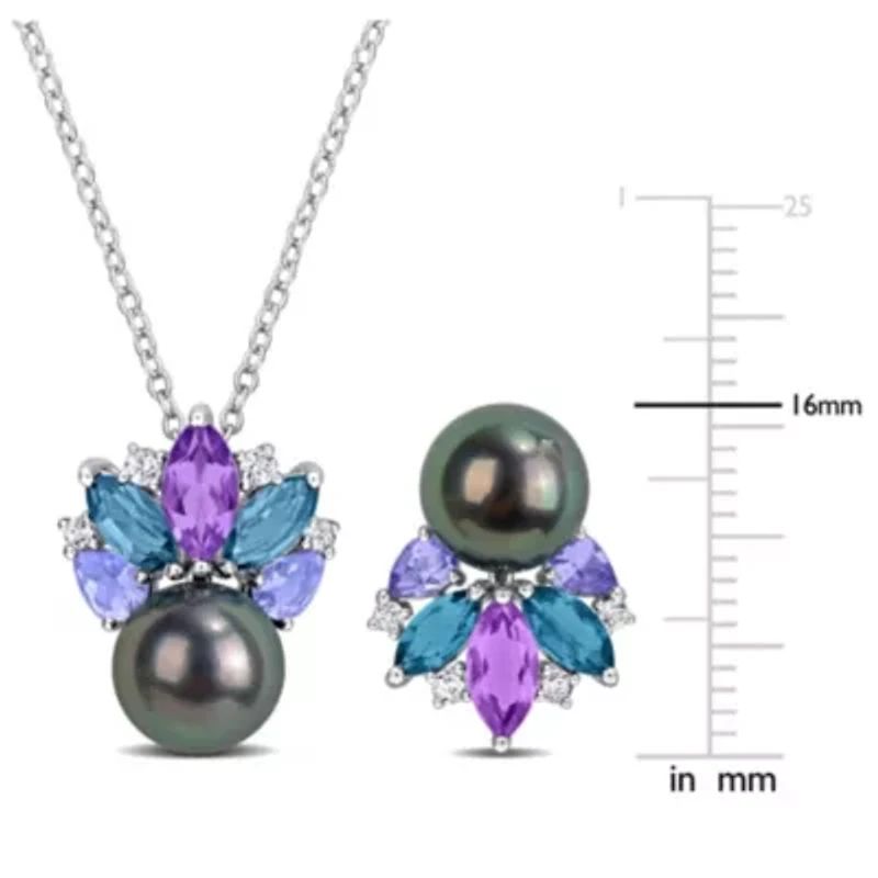 2-Piece Set of 8-8.5mm Cultured Tahitian Pearl & Multi-Gem Earrings & Pendant with Chain in Sterling Silver - 17 in