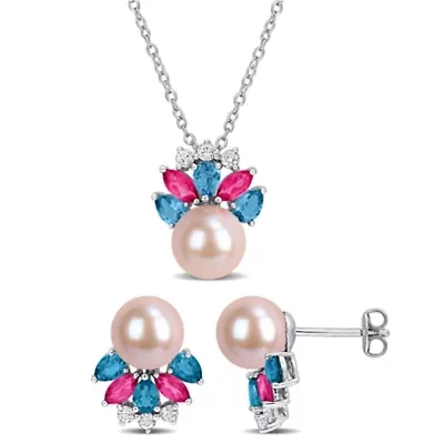 2-Piece Set of 8-8.5mm Pink Freshwater Cultured Pearl & Pink, London Blue & White Topaz Earrings & Pendant with Chain in Sterling Silver - 17 in