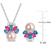 2-Piece Set of 8-8.5mm Pink Freshwater Cultured Pearl & Pink, London Blue & White Topaz Earrings & Pendant with Chain in Sterling Silver - 17 in