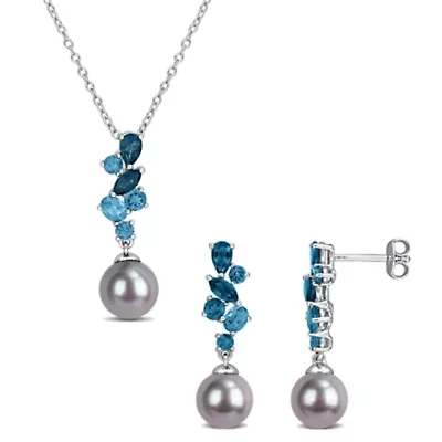 2-Piece Set of 8-8.5mm Black Freshwater Cultured Pearl & London Blue Topaz Earrings & Pendant with Chain in Sterling Silver - 17 in