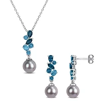 2-Piece Set of 8-8.5mm Black Freshwater Cultured Pearl & London Blue Topaz Earrings & Pendant with Chain in Sterling Silver - 17 in