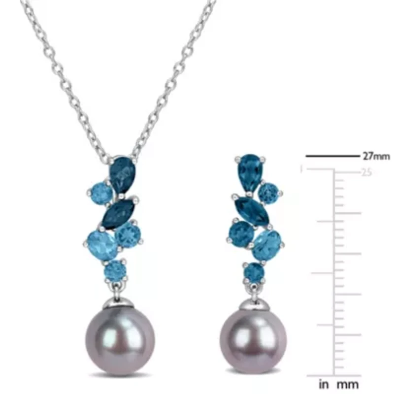 2-Piece Set of 8-8.5mm Black Freshwater Cultured Pearl & London Blue Topaz Earrings & Pendant with Chain in Sterling Silver - 17 in