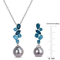 2-Piece Set of 8-8.5mm Black Freshwater Cultured Pearl & London Blue Topaz Earrings & Pendant with Chain in Sterling Silver - 17 in
