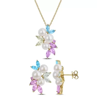 2-Piece Set of 5-8mm Freshwater Cultured Pearl & Multi-Gem Cluster Earrings & Pendant with Chain in Yellow Plated Sterling Silver - 17 in