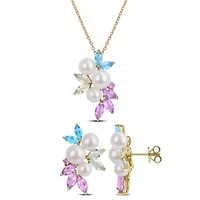 2-Piece Set of 5-8mm Freshwater Cultured Pearl & Multi-Gem Cluster Earrings & Pendant with Chain in Yellow Plated Sterling Silver - 17 in