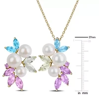 2-Piece Set of 5-8mm Freshwater Cultured Pearl & Multi-Gem Cluster Earrings & Pendant with Chain in Yellow Plated Sterling Silver - 17 in