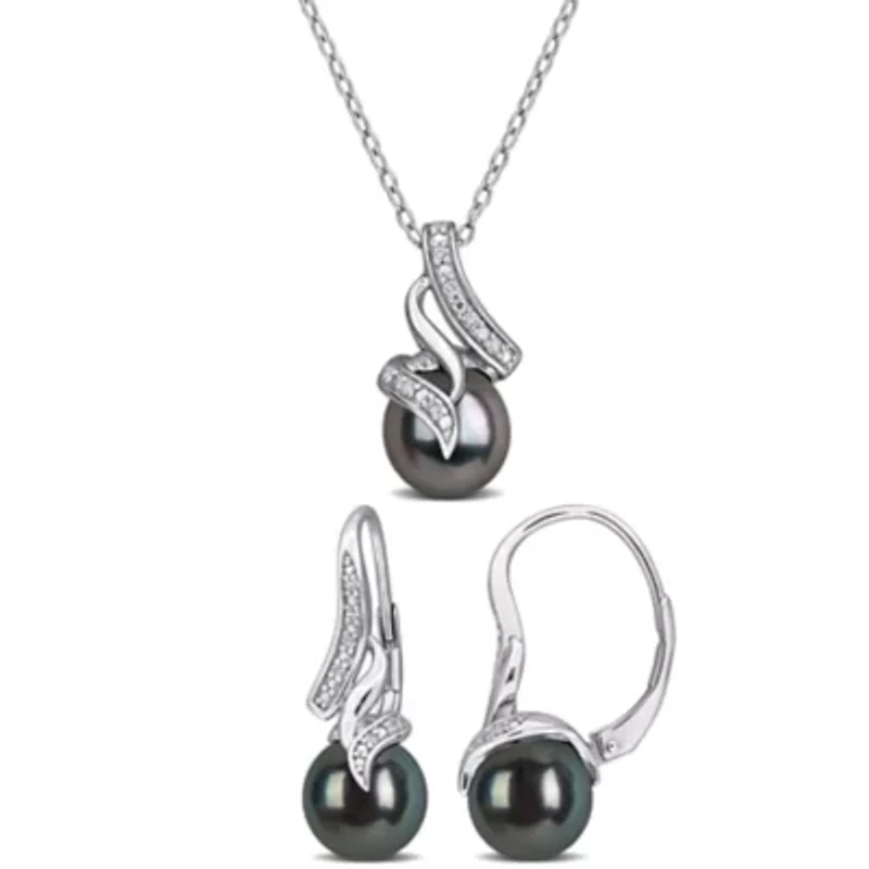 2-Piece Set of 8-8.5mm Cultured Tahitian Pearl & Diamond Earrings & Pendant with Chain in Sterling Silver - 18 in