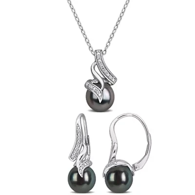 2-Piece Set of 8-8.5mm Cultured Tahitian Pearl & Diamond Earrings & Pendant with Chain in Sterling Silver - 18 in