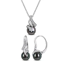 2-Piece Set of 8-8.5mm Cultured Tahitian Pearl & Diamond Earrings & Pendant with Chain in Sterling Silver - 18 in