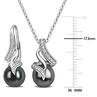 2-Piece Set of 8-8.5mm Cultured Tahitian Pearl & Diamond Earrings & Pendant with Chain in Sterling Silver - 18 in