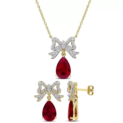 Lab Created 2-Piece Set of Created Ruby & Created White Sapphire Bow Drop Earrings & Necklace in Yellow Plated Sterling Silver - 17 in