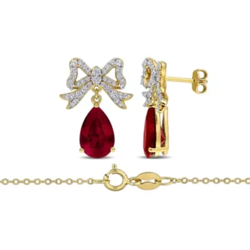 Lab Created 2-Piece Set of Created Ruby & Created White Sapphire Bow Drop Earrings & Necklace in Yellow Plated Sterling Silver - 17 in