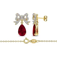 Lab Created 2-Piece Set of Created Ruby & Created White Sapphire Bow Drop Earrings & Necklace in Yellow Plated Sterling Silver - 17 in