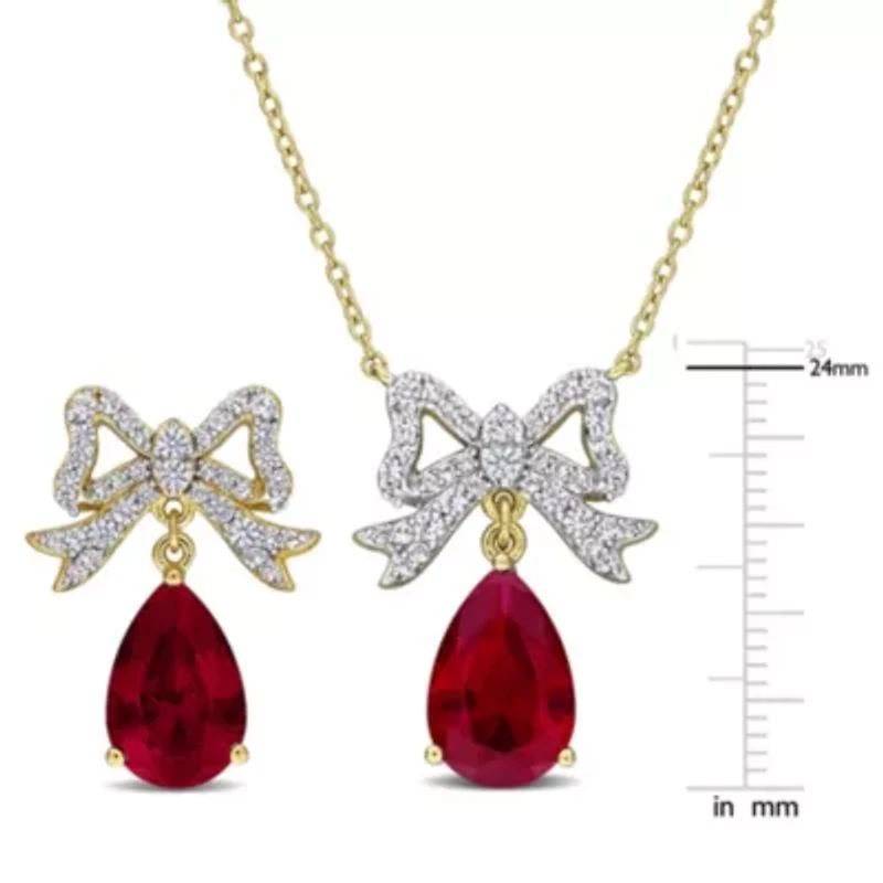 Lab Created 2-Piece Set of Created Ruby & Created White Sapphire Bow Drop Earrings & Necklace in Yellow Plated Sterling Silver - 17 in
