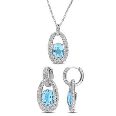 2-Piece Set of Sky Blue Topaz & White Topaz Earrings & Pendant with Chain in Sterling Silver - 18 in