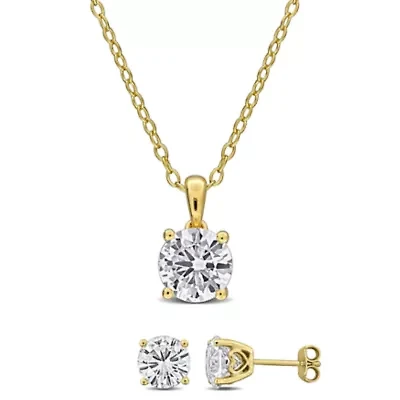 Lab Created 2-Piece Set of Created White Sapphire Solitaire Earrings & Pendant with Chain in Yellow Plated Sterling Silver - 18 in