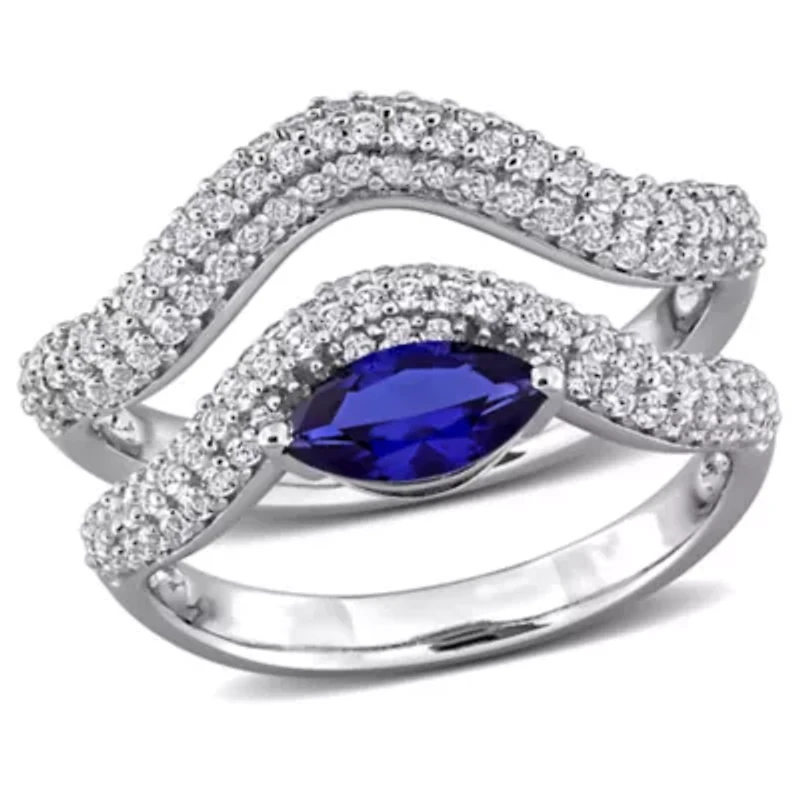 Lab Created 2-Piece Set of Blue & White Sapphire Topaz Curved Ring Sterling Silver