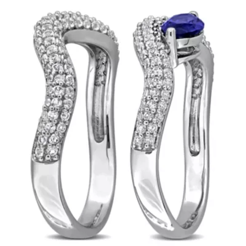 Lab Created 2-Piece Set of Blue & White Sapphire Topaz Curved Ring Sterling Silver