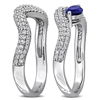 Lab Created 2-Piece Set of Blue & White Sapphire Topaz Curved Ring Sterling Silver