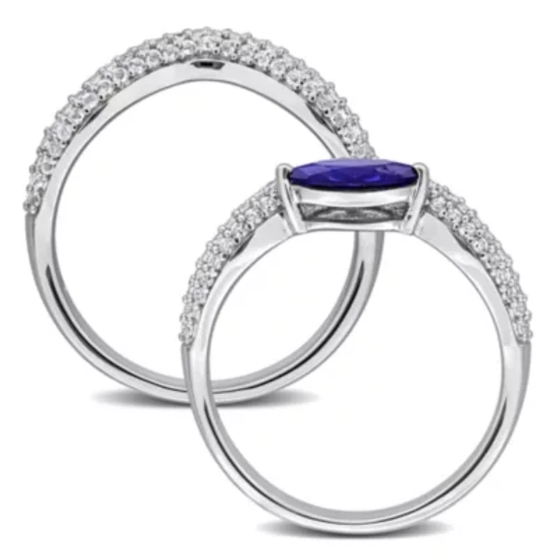 Lab Created 2-Piece Set of Blue & White Sapphire Topaz Curved Ring Sterling Silver