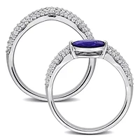 Lab Created 2-Piece Set of Blue & White Sapphire Topaz Curved Ring Sterling Silver
