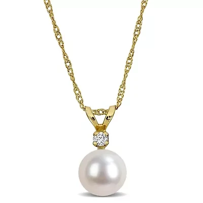 6.5-7mm Freshwater Cultured Pearl & Diamond Accent Pendant with Chain in 14k Yellow Gold