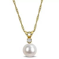 6.5-7mm Freshwater Cultured Pearl & Diamond Accent Pendant with Chain in 14k Yellow Gold