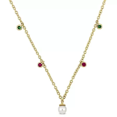 4mm Freshwater Cultured Pearl Tsavorite & Pink Sapphire Station Necklace in 10k Yellow Gold - 16+1.5 in.