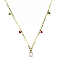 4mm Freshwater Cultured Pearl Tsavorite & Pink Sapphire Station Necklace in 10k Yellow Gold - 16+1.5 in.