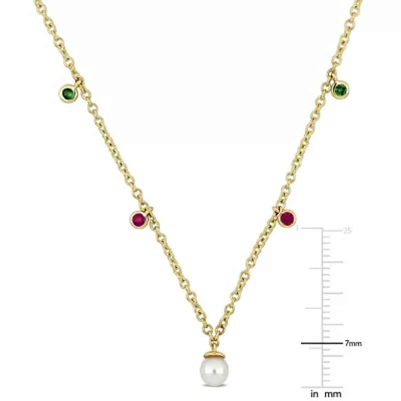 4mm Freshwater Cultured Pearl Tsavorite & Pink Sapphire Station Necklace in 10k Yellow Gold - 16+1.5 in.
