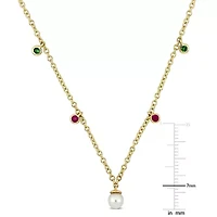 4mm Freshwater Cultured Pearl Tsavorite & Pink Sapphire Station Necklace in 10k Yellow Gold - 16+1.5 in.