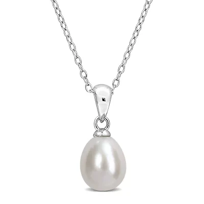 8-8.5mm Cultured Freshwater Rice Pearl Pendant with Chain in Sterling Silver - 18 in