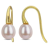 7-8mm Purple Freshwater Cultured Pearl Curved Shepherd Hook Earrings in Yellow Plated Sterling Silver