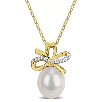 Lab Created 9-10mm Freshwater Cultured Pearl & Created White Sapphire Bow Pendant in Yellow Plated Sterling Silver - 18 in