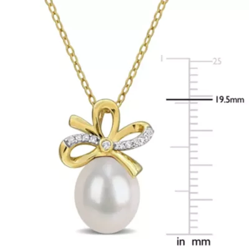 Lab Created 9-10mm Freshwater Cultured Pearl & Created White Sapphire Bow Pendant in Yellow Plated Sterling Silver - 18 in