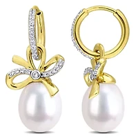 Lab Created 9-10mm Freshwater Cultured Pearl & Created White Sapphire Bow Drop Earrings in Yellow Plated Sterling Silver