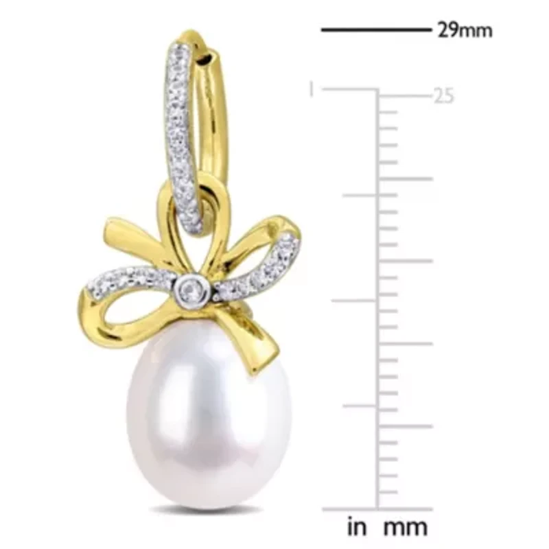 Lab Created 9-10mm Freshwater Cultured Pearl & Created White Sapphire Bow Drop Earrings in Yellow Plated Sterling Silver
