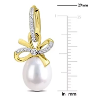 Lab Created 9-10mm Freshwater Cultured Pearl & Created White Sapphire Bow Drop Earrings in Yellow Plated Sterling Silver
