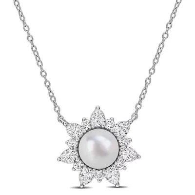 Lab Created 8-8.5mm Freshwater Cultured Pearl & Created White Sapphire Floral Necklace in Sterling Silver - 17 in