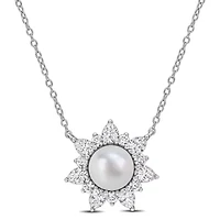 Lab Created 8-8.5mm Freshwater Cultured Pearl & Created White Sapphire Floral Necklace in Sterling Silver - 17 in