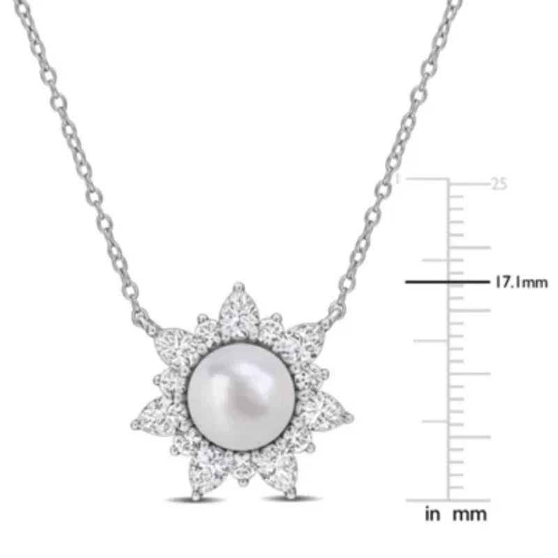 Lab Created 8-8.5mm Freshwater Cultured Pearl & Created White Sapphire Floral Necklace in Sterling Silver - 17 in